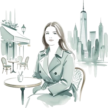 Watercolor illustration of Katya at a cafe with New York City skyline